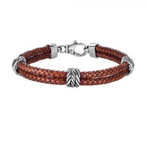 Silver Men's Textured Leather Double Strand Brac.